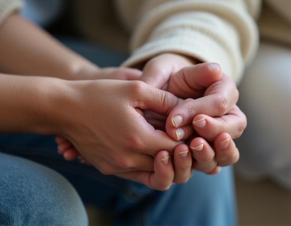 A caregiver's hand gently holding the hand of an elderly person.