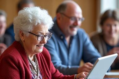 A senior smiling while using a tablet during a digital literacy workshop.