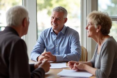 A friendly advisor discussing plans with a senior couple at a table.