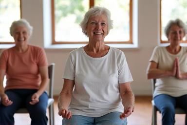 Seniors practicing chair yoga in a bright, sunlit room.